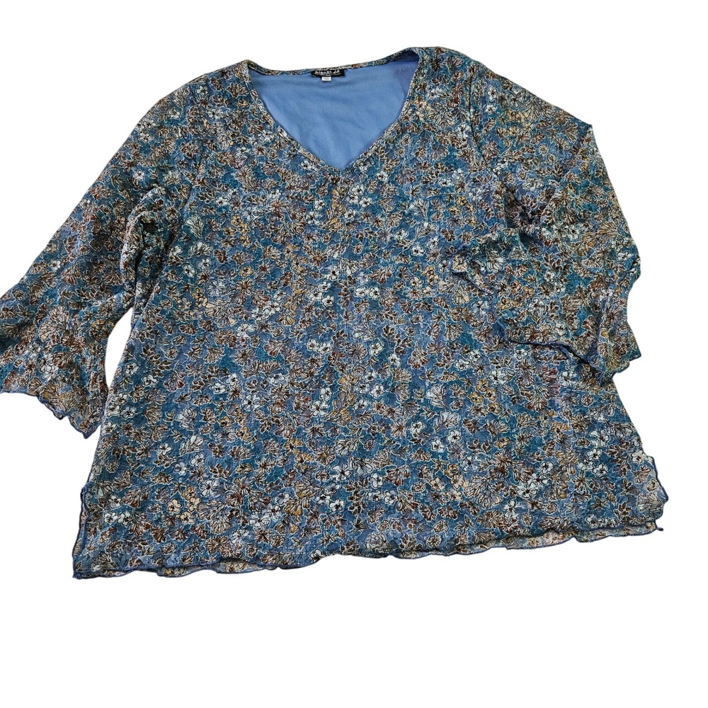 Womens Y2k Blue Floral Mesh Whimsygoth Boho Earthy V-Neck Bell‎ Sleeve Top Sz 1X